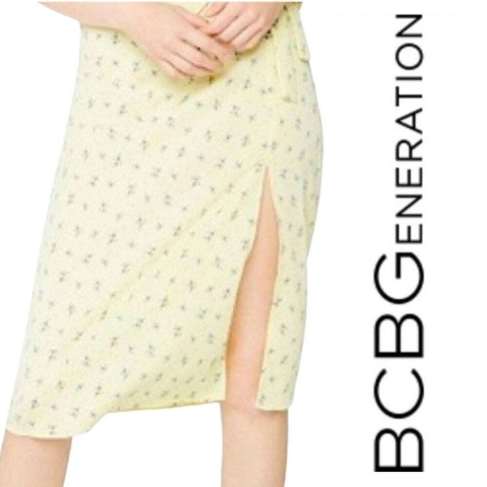 BCBGeneration Floral Midi Skirt Women 4 Yellow Slit Casual NEW